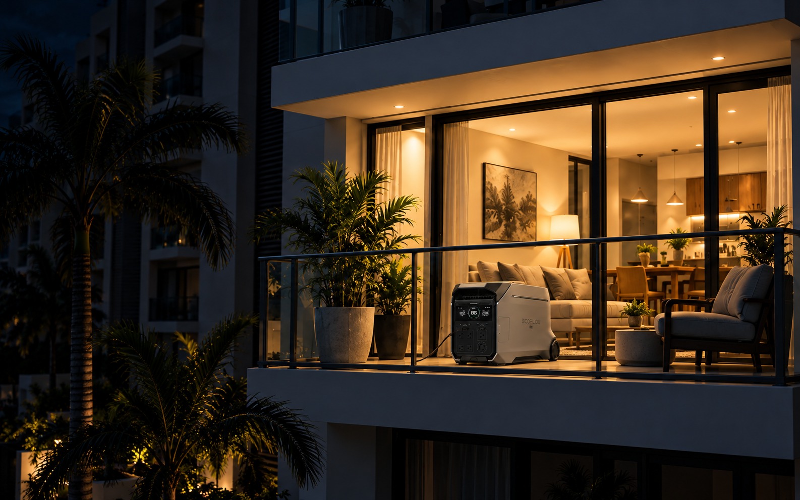 Apartamento iluminado de noche con estación de energía EcoFlow DELTA Pro 3